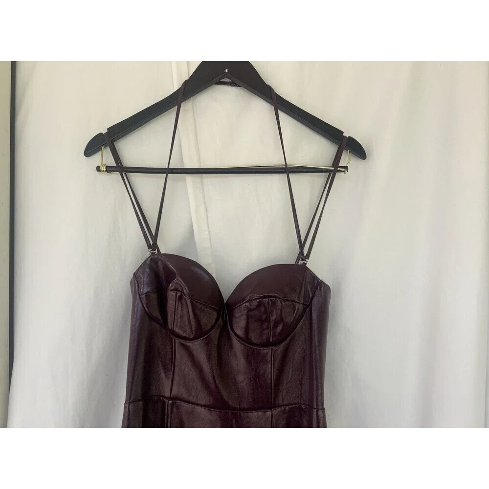 Staud Women Abstract Plum Burgundy Corset Faux Leather Midi Dress